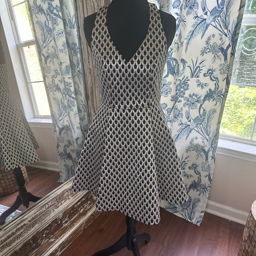 Eight Sixty Gold and Blue Fit and Flare Mini Dress